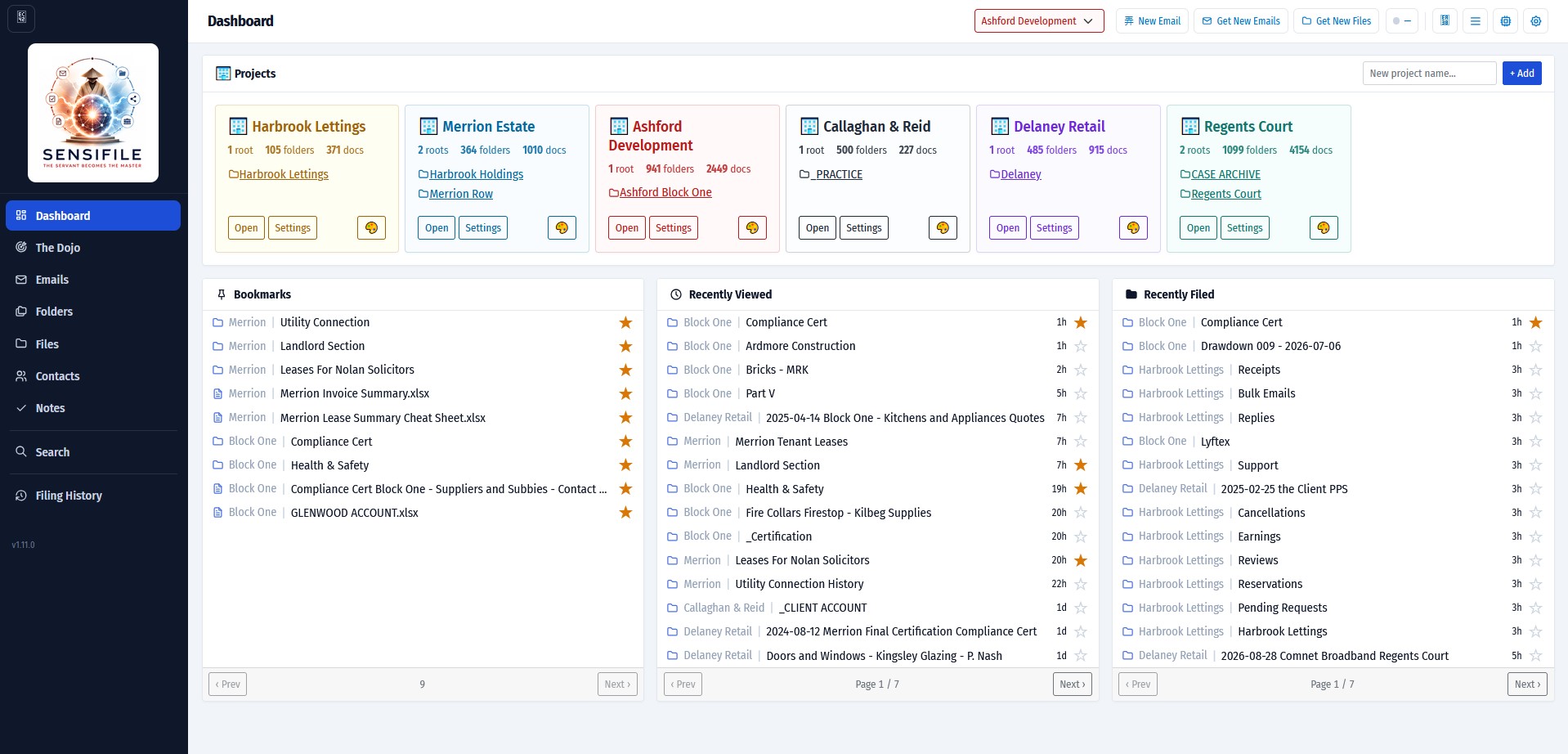 Sensifile dashboard showing projects, bookmarks, recently viewed and recently filed