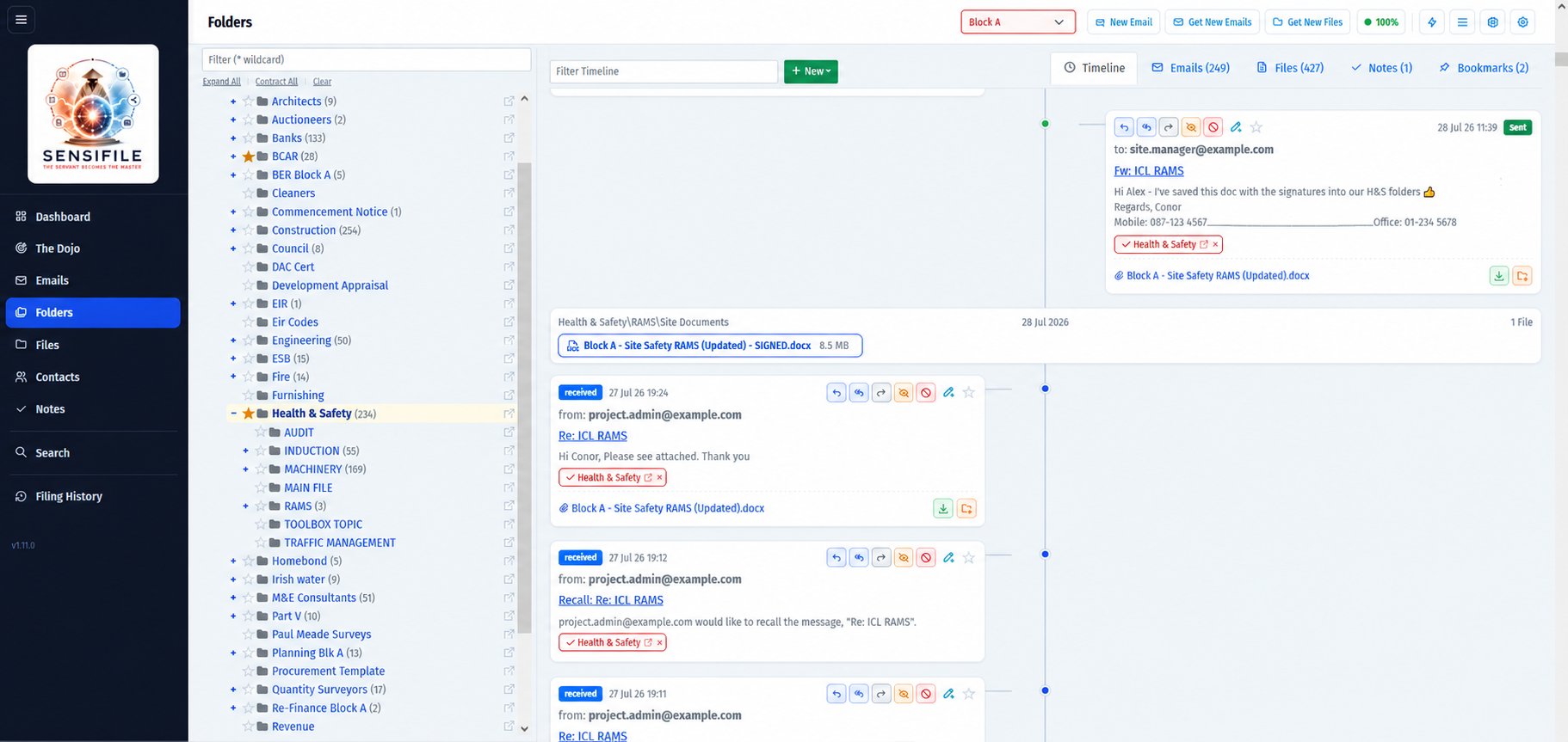 Sensifile folder view with a combined timeline of emails and files for a project folder