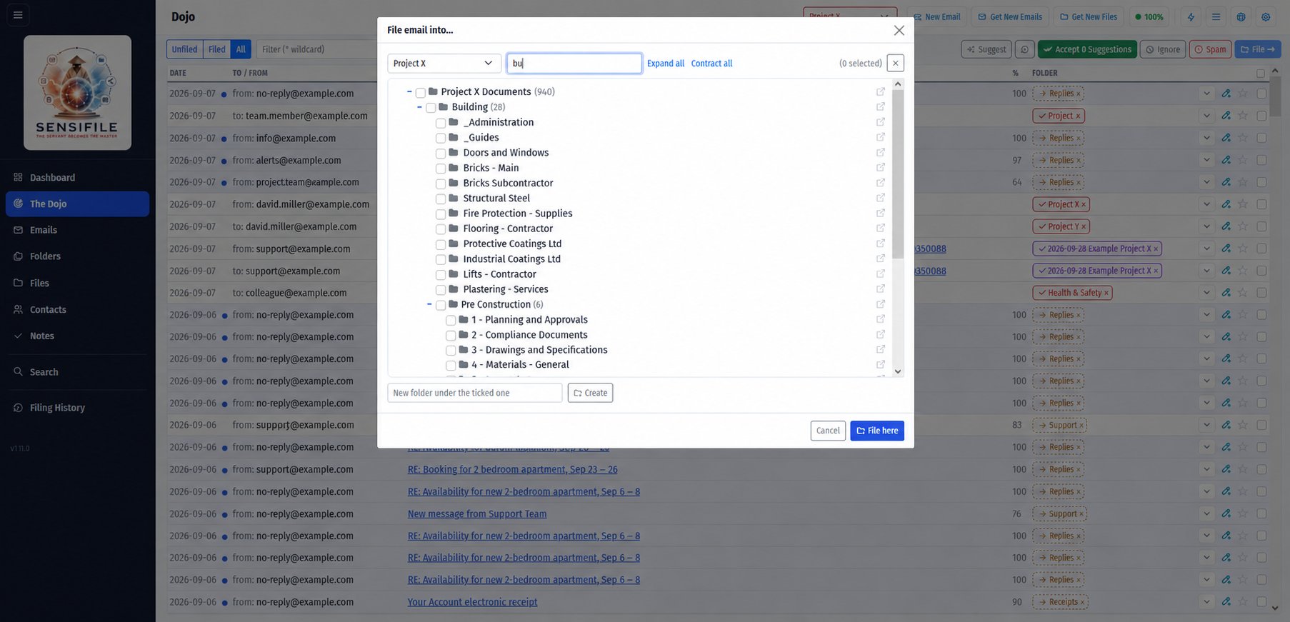 Sensifile filing an email into a folder, which also trains the classifier