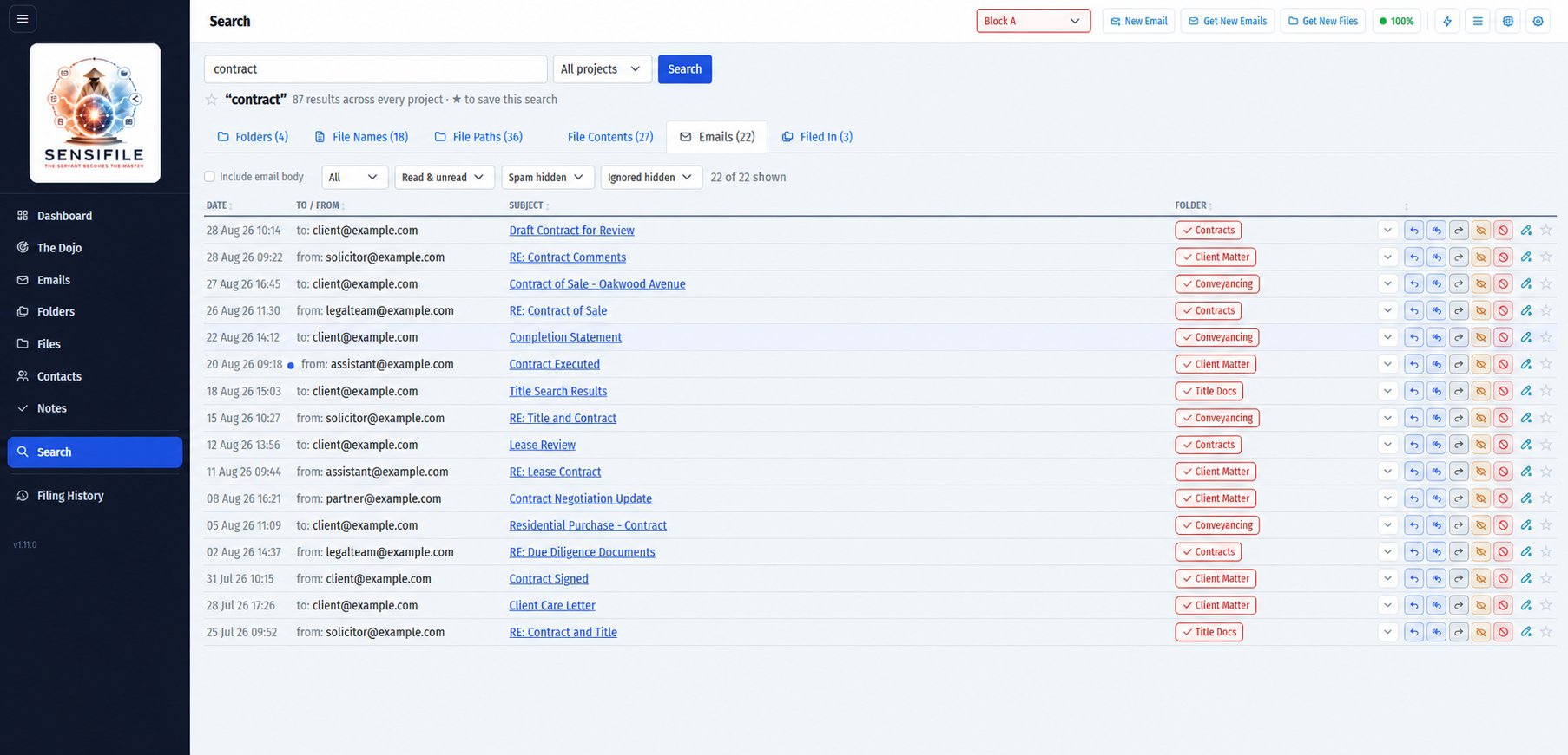 Sensifile global search results across folders, file names, file paths, file contents and emails