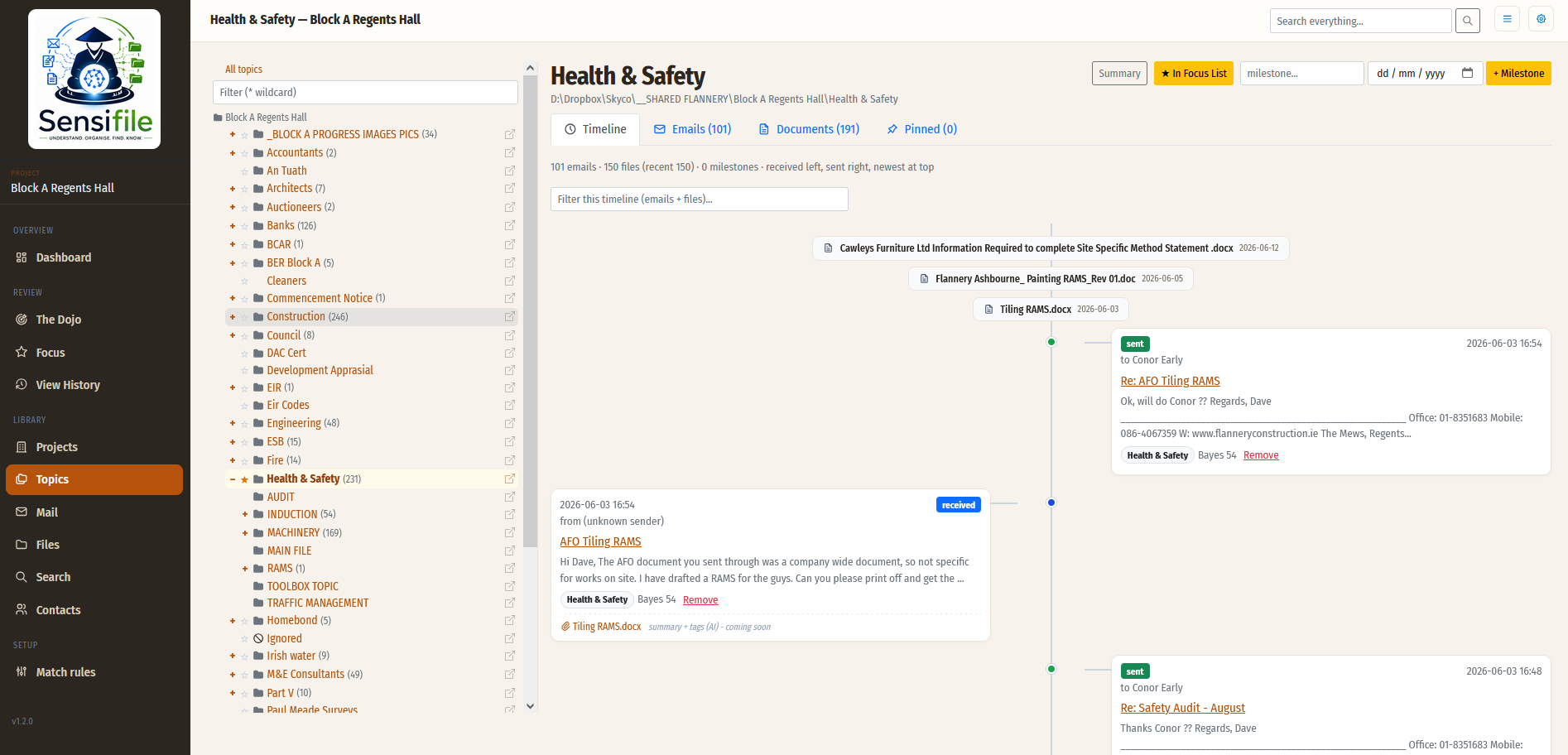 Sensifile - Topics view showing folder tree and content