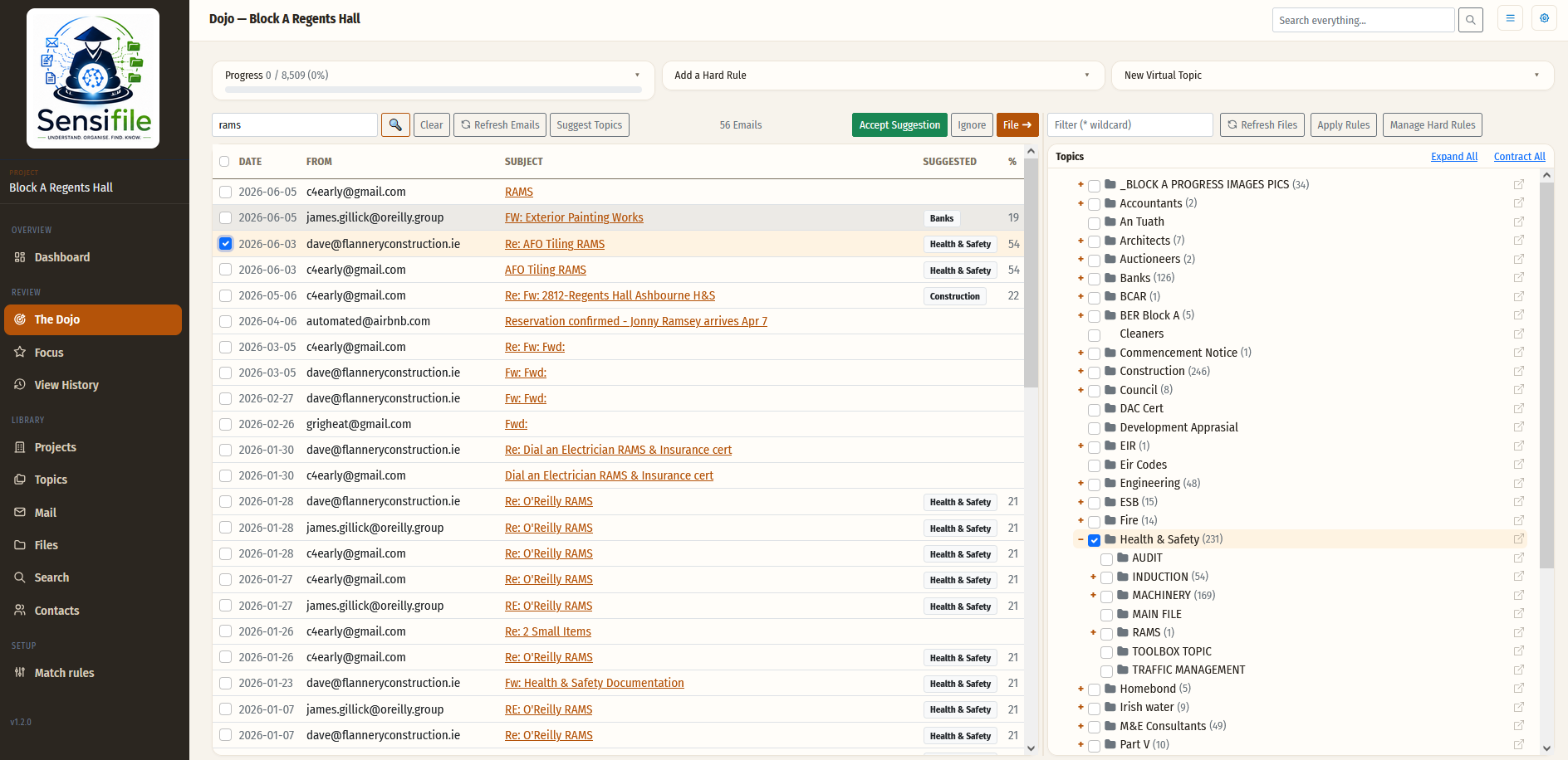 Sensifile - Dojo view for training the classifier with email links